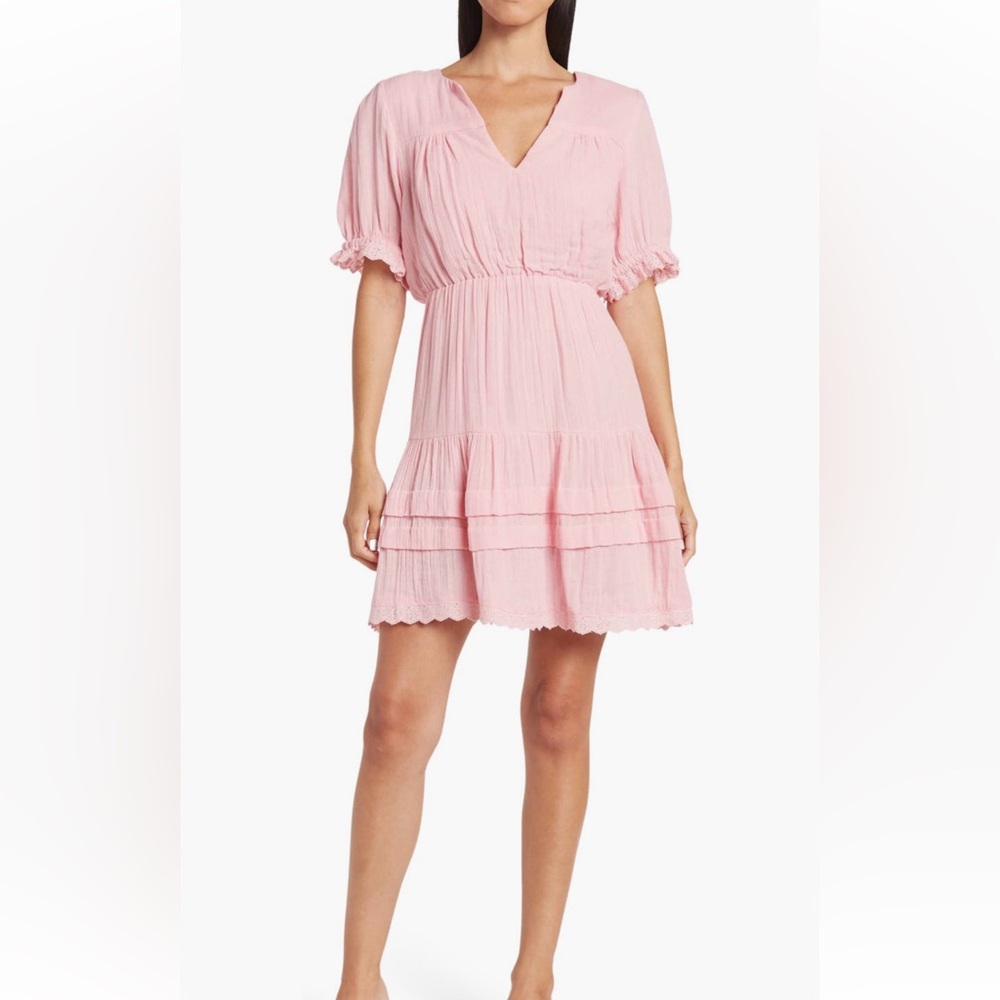 Maisie Eyelet Trim Tiered Ruffle Cotton Dress in Pink